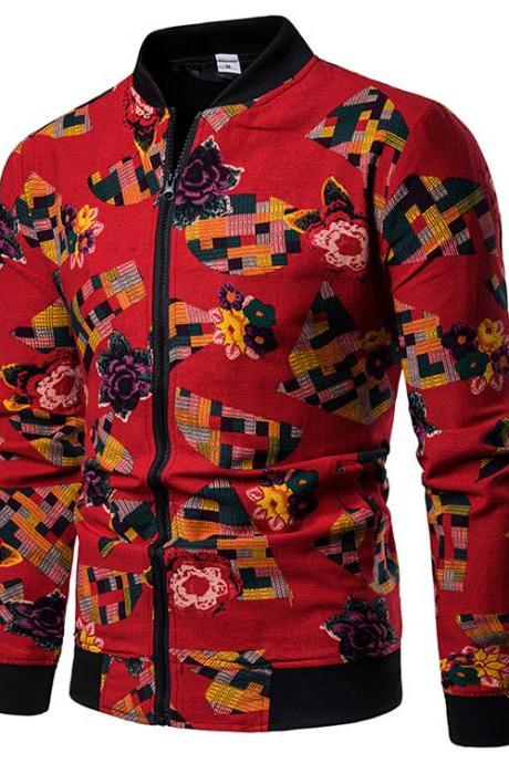  Men Floral Printed Coat Spring Autumn Long Sleeve Casual Slim Fit Bomber Baseball Windbreakers Jacket 11#