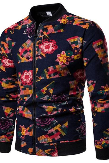 Men Floral Printed Coat Spring Autumn Long Sleeve Casual Slim Fit Bomber Baseball Windbreakers Jacket 12#