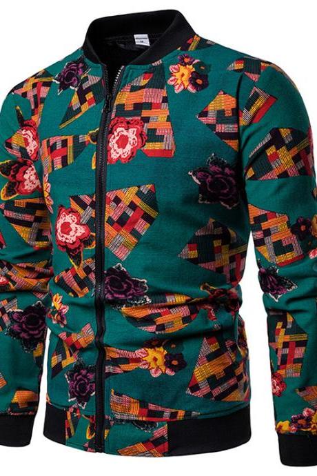  Men Floral Printed Coat Spring Autumn Long Sleeve Casual Slim Fit Bomber Baseball Windbreakers Jacket 13#