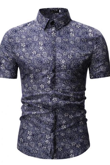  Men Floral Printed Shirt Summer Beach Short Sleeve Hawaiian Holiday Vacation Casual Slim Fit Shirt 6#
