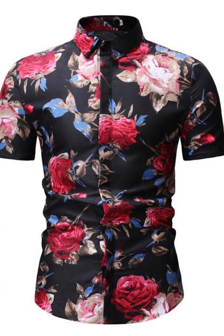  Men Floral Printed Shirt Summer Beach Short Sleeve Hawaiian Holiday Vacation Casual Slim Fit Shirt 21#