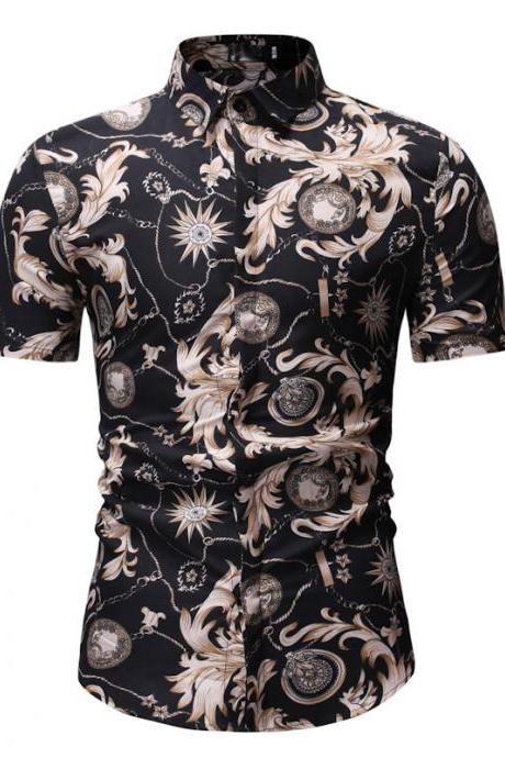  Men Floral Printed Shirt Summer Beach Short Sleeve Hawaiian Holiday Vacation Casual Slim Fit Shirt 23#