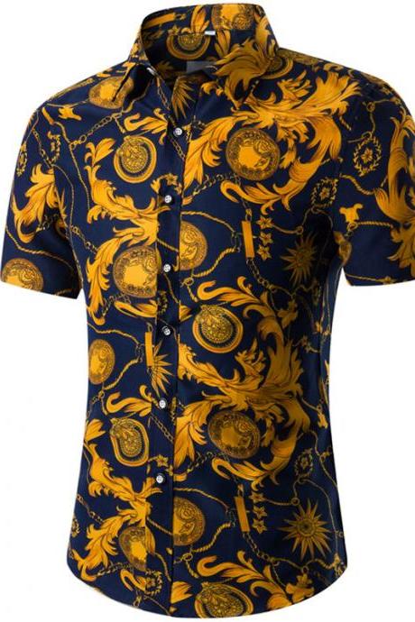  Men Floral Printed Shirt Summer Beach Short Sleeve Hawaiian Holiday Vacation Casual Slim Fit Shirt 24# 