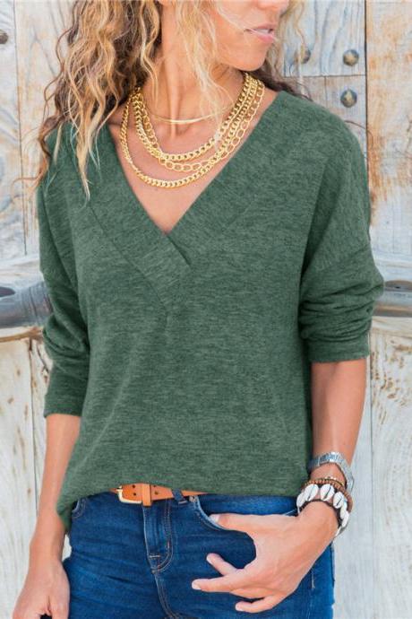  Women Long Sleeve Tops Spring Autumn V-Neck Casual Loose Jumper Pullover green