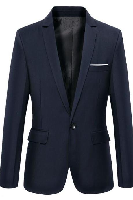 Men Blazer Coat Long Sleeve One Button Casual Business Slim Fit Suit Jacket navy blue