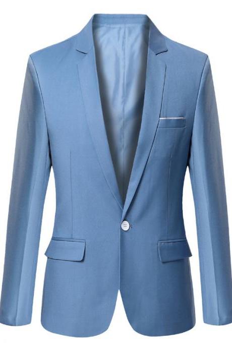 Men Blazer Coat Long Sleeve One Button Casual Business Slim Fit Suit Jacket sky blue