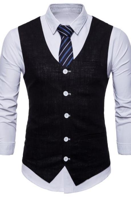 Men Suit Waistcoat V Neck Vest Jacket Single Breasted Casual Slim Fit Sleeveless Coat Black