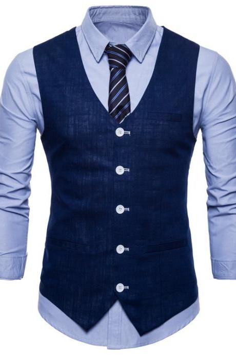 Men Suit Waistcoat V Neck Vest Jacket Single Breasted Casual Slim Fit Sleeveless Coat Navy Blue