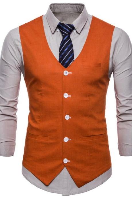 Men Suit Waistcoat V Neck Vest Jacket Single Breasted Casual Slim Fit Sleeveless Coat orange