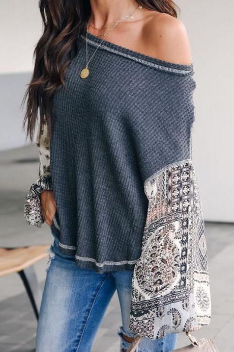 Women Knitted Sweater Autumn Long Lantern Sleeve Patchwork Casual Loose Pullovers Tops Gray