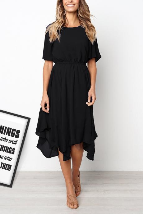 Women Asymmetrical Dress Summer Short Sleeve Elastic Waist Streetwear Casual Dress black