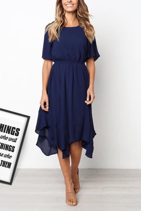  Women Asymmetrical Dress Summer Short Sleeve Elastic Waist Streetwear Casual Dress navy blue