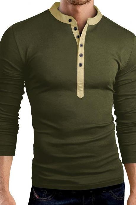Men Long Sleeve T Shirt Spring Autumn V Neck Button Slim Fit Casual Tops army green