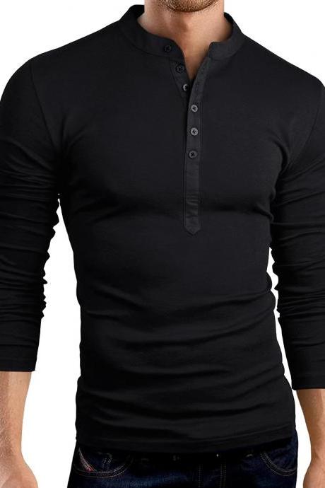  Men Long Sleeve T Shirt Spring Autumn V Neck Button Slim Fit Casual Tops black