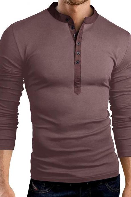 Men Long Sleeve T Shirt Spring Autumn V Neck Button Slim Fit Casual Tops coffee