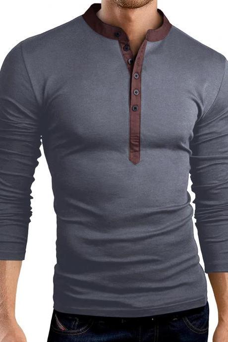 Men Long Sleeve T Shirt Spring Autumn V Neck Button Slim Fit Casual Tops dark gray