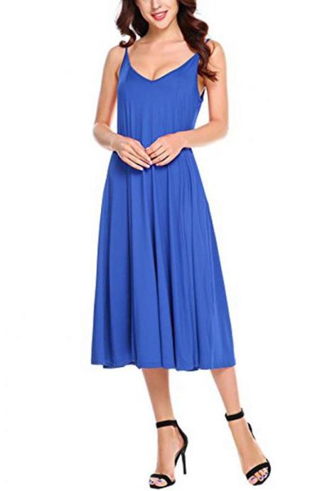 Women Casual Dress Summer Beach Spaghetti Strap Sleeveless Loose Midi Sundress blue