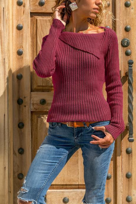 Women Knitted Sweater Autumn Winter Solid Long Sleeve Casual Pullover Tops Wine Red