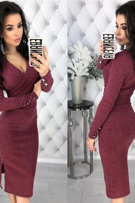  Women Knitted Pencil Dress V Neck Long Sleeve Rivet Button Bodycon Club Party Dress wine red