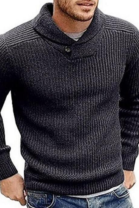 Men Knitted Sweater Autumn Winter Slim Warm Long Sleeve Casual Pullover Tops Dark Gray