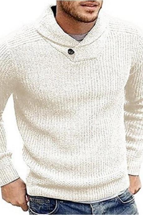 Men Knitted Sweater Autumn Winter Slim Warm Long Sleeve Casual Pullover Tops off white