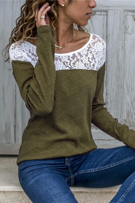  Women Long Sleeve T Shirt Spring Autumn Lace Patchwork Casual Pullover Tops army green