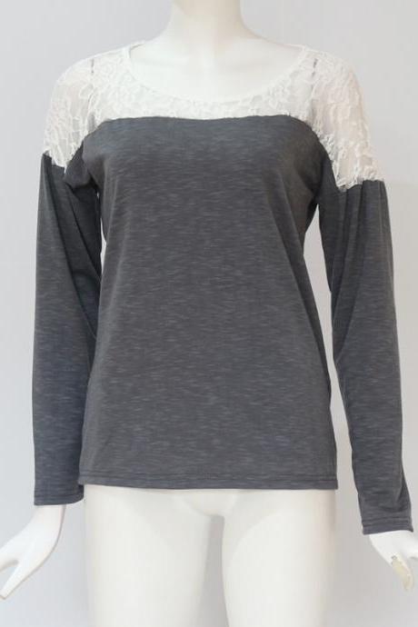 Women Long Sleeve T Shirt Spring Autumn Lace Patchwork Casual Pullover Tops gray