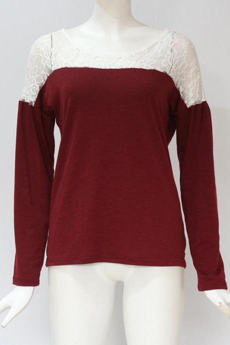  Women Long Sleeve T Shirt Spring Autumn Lace Patchwork Casual Pullover Tops wine red