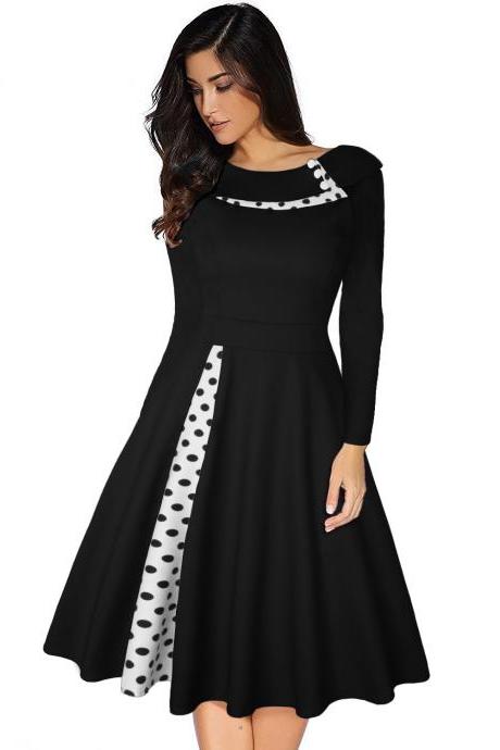 Women Polka Dot Patchwork Dress Long Sleeve Vintage Rockabilly A Line Formal Party Dress black