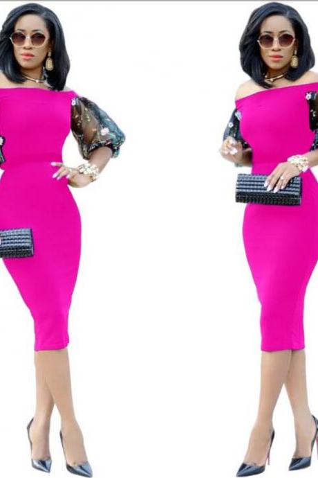 Women Pencil Dress Off Shoulder Half Lantern Sleeve Knee Length Bodycon Party Dress deep pink