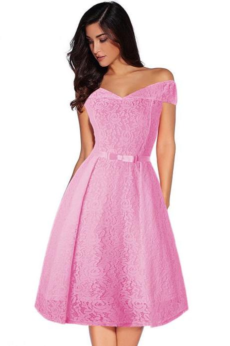 Women Floral Lace Dress Off the Shoulder Casual Patchwork A Line Formal Party Dress pink