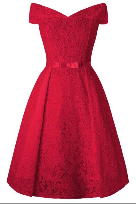 Women Floral Lace Dress Off the Shoulder Casual Patchwork A Line Formal Party Dress red