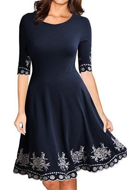 Women Floral Printed Dress Casual Short Sleeve Rockabilly Swing A Line Formal Party Dress navy blue