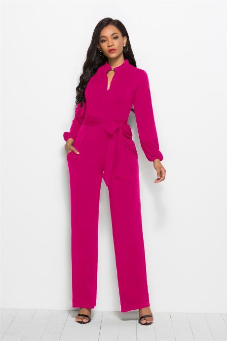 Women Wide Leg Jumpsuit Buttons Long Sleeve Streetwear Casual Loose Romper Overalls hot pink