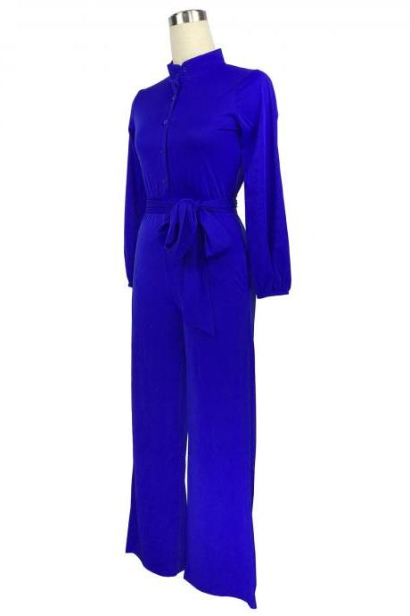 Women Wide Leg Jumpsuit Buttons Long Sleeve Streetwear Casual Loose Romper Overalls royal blue