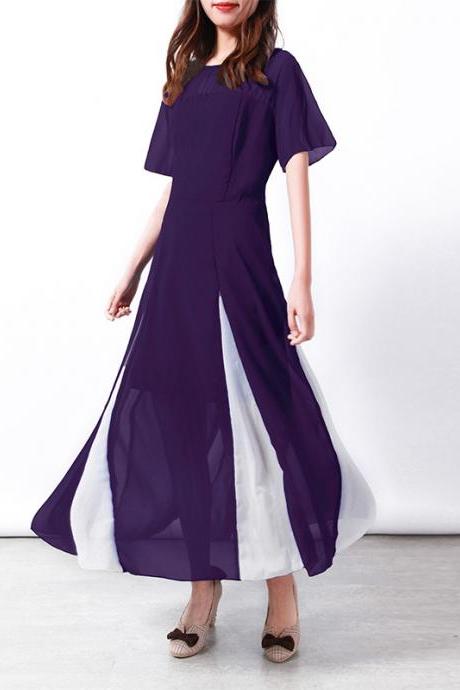  Women Maxi Dress Short Sleeve Patchwork Summer Casual Chiffon Long Dress purple