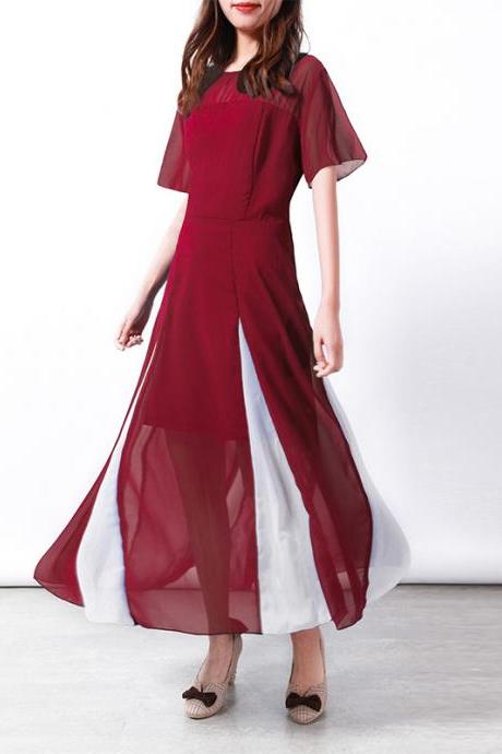 Women Maxi Dress Short Sleeve Patchwork Summer Casual Chiffon Long Dress wine red