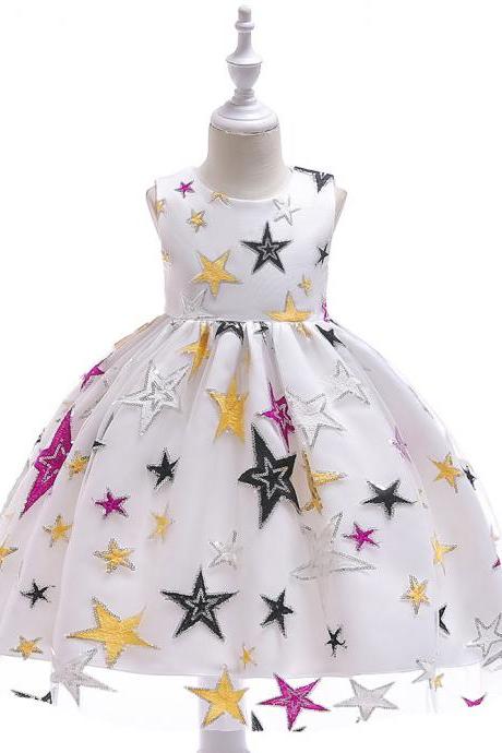 Princess Flower Girl Dress Sleeveless Star Printed Formal Birthday Party Gown Children Clothes off white