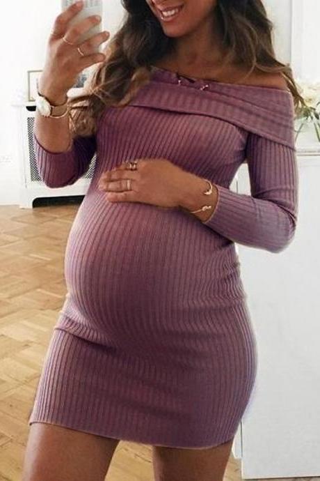 Women Pregnant Dress Off Shoulder Slash Neck Long Sleeve Casual Mini Club Pencil Party Dress purple