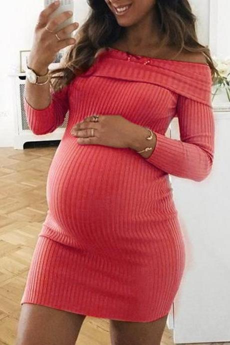 Women Pregnant Dress Off Shoulder Slash Neck Long Sleeve Casual Mini Club Pencil Party Dress Red