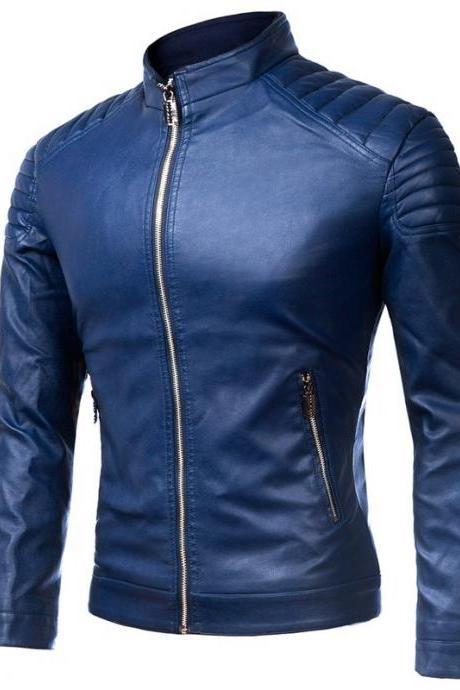 Men Faux Pu Leather Coat Spring Autumn Long Sleeve Zipper Slim Fit Motorcycle Biker Jacket Outerwear Royal Blue