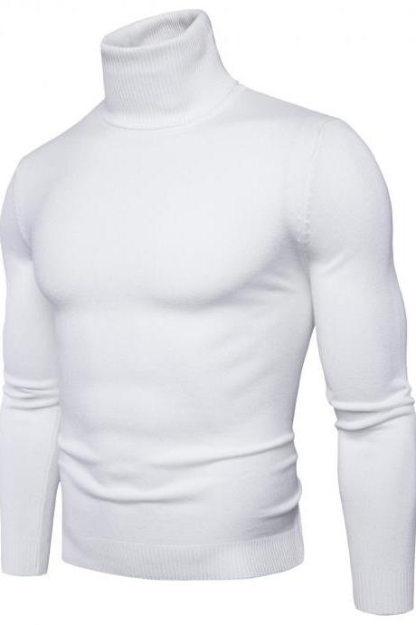 Men Knitted Sweater Autumn Winter Turtleneck Long Sleeve Casual Slim Pullover Tops Off White