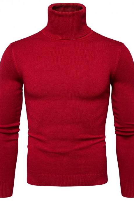 Men Knitted Sweater Autumn Winter Turtleneck Long Sleeve Casual Slim Pullover Tops Red