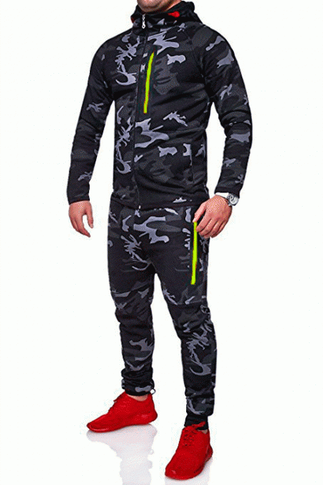 Men Camouflage Printed Tracksuit Hooded Coat+Trousers Causal Sportswear Two Pieces Set dark gray