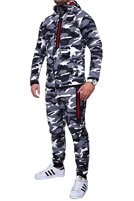  Men Camouflage Printed Tracksuit Hooded Coat+Trousers Causal Sportswear Two Pieces Set gray