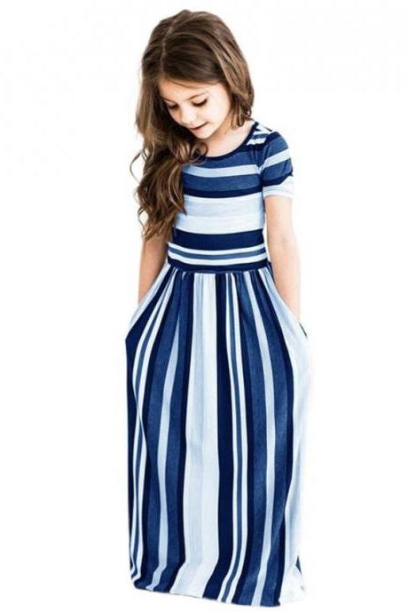  Striped Flower Girl Dress Short Sleeve Formal Birthday Long Party Gown Children Kids Clothes blue