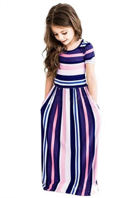  Striped Flower Girl Dress Short Sleeve Formal Birthday Long Party Gown Children Kids Clothes purple