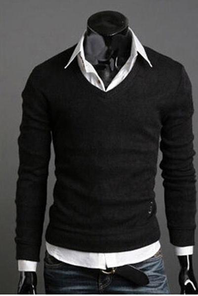 Men Knitwear Sweater Spring Autumn V Neck Long Sleeve Jumpers Casual Slim Pullover Tops black