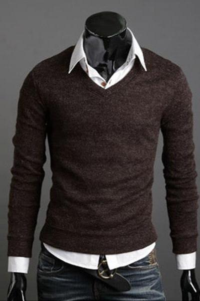  Men Knitwear Sweater Spring Autumn V Neck Long Sleeve Jumpers Casual Slim Pullover Tops coffee