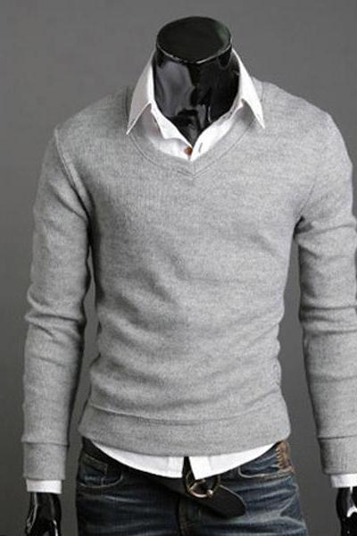 Men Knitwear Sweater Spring Autumn V Neck Long Sleeve Jumpers Casual Slim Pullover Tops Gray